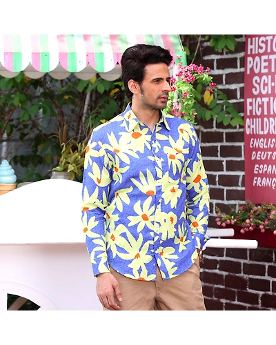 Lily Flower Dodger Blue Casual Pure Linen Full Shirt-S-2