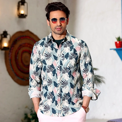 Philodendron Selloum Shades White and Powder Blue Casual Pure Linen Full Shirt-BE1060-S