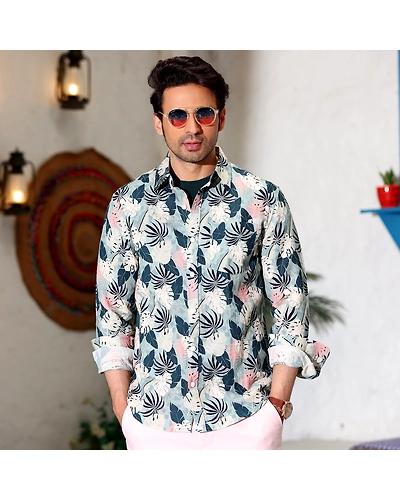 Philodendron Selloum Shades White and Powder Blue Casual Pure Linen Full Shirt-BE1060-S