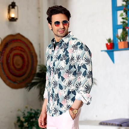 Philodendron Selloum Shades White and Powder Blue Casual Pure Linen Full Shirt-S-1
