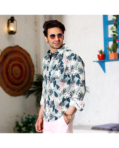 Philodendron Selloum Shades White and Powder Blue Casual Pure Linen Full Shirt-S-1
