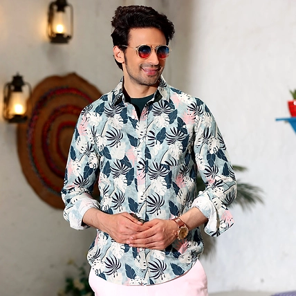 Philodendron Selloum Shades White and Powder Blue Casual Pure Linen Full Shirt-S-2