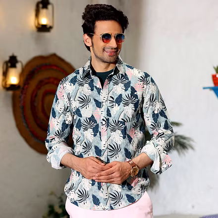 Philodendron Selloum Shades White and Powder Blue Casual Pure Linen Full Shirt-S-2