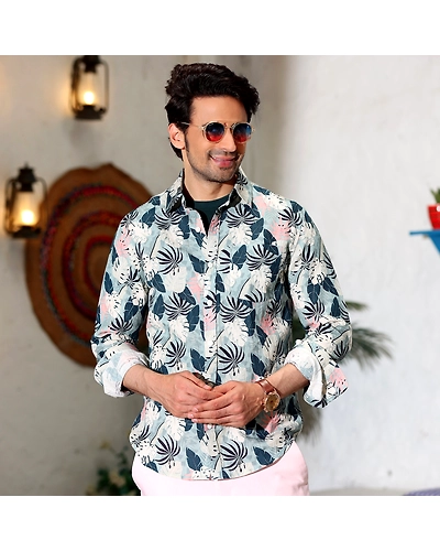 Philodendron Selloum Shades White and Powder Blue Casual Pure Linen Full Shirt-S-2