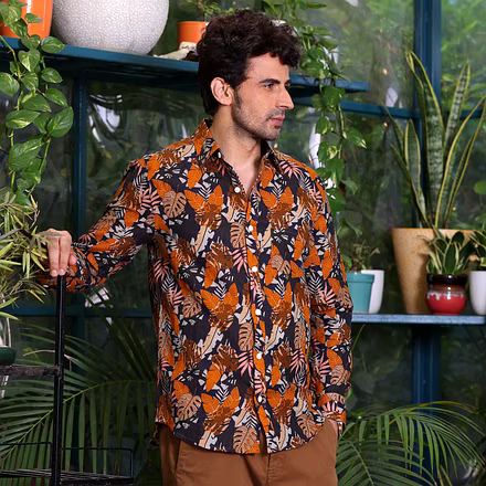 Philodendron Selloum Plant Brown Casual Pure Linen Full Shirt-BE1057-S
