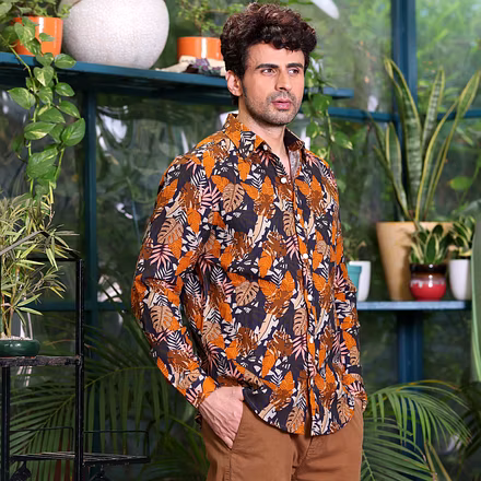Philodendron Selloum Plant Brown Casual Pure Linen Full Shirt-S-1