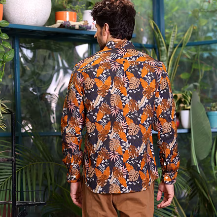 Philodendron Selloum Plant Brown Casual Pure Linen Full Shirt-S-2