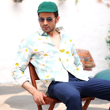 Lily Flower Light Turquoise Casual Pure Linen Full Shirt-BE1042-S