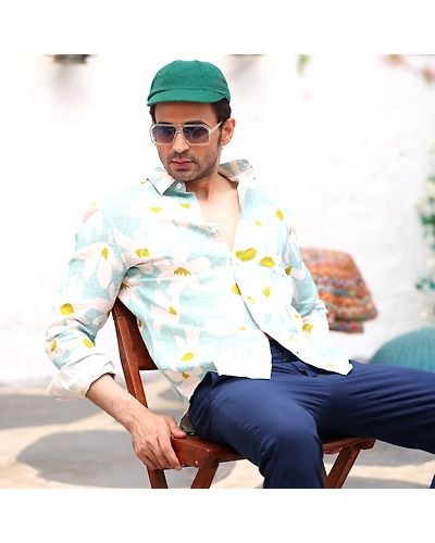 Lily Flower Light Turquoise Casual Pure Linen Full Shirt-BE1042-S