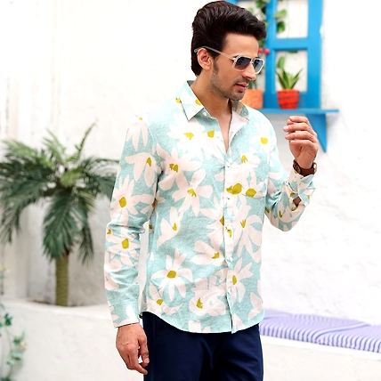 Lily Flower Light Turquoise Casual Pure Linen Full Shirt-S-1