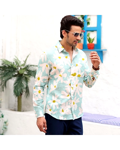 Lily Flower Light Turquoise Casual Pure Linen Full Shirt-S-1