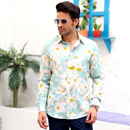 Lily Flower Light Turquoise Casual Pure Linen Full Shirt-S-2
