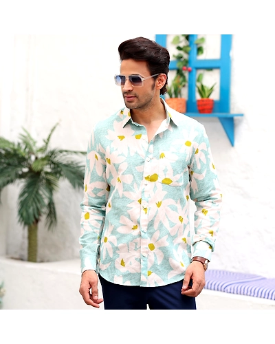 Lily Flower Light Turquoise Casual Pure Linen Full Shirt-S-2