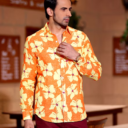 Lilac Tangerine Orange Casual Pure Linen Full Shirt-BE1080-S
