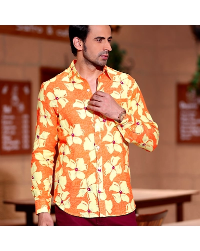 Lilac Tangerine Orange Casual Pure Linen Full Shirt-BE1080-S