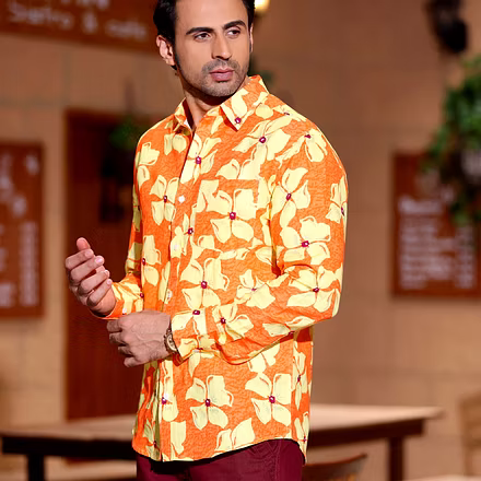 Lilac Tangerine Orange Casual Pure Linen Full Shirt-S-1