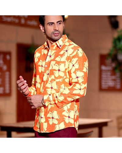 Lilac Tangerine Orange Casual Pure Linen Full Shirt-S-1