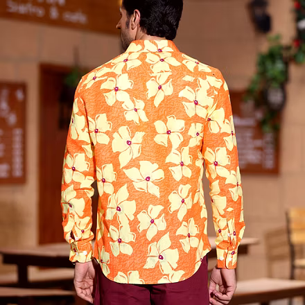Lilac Tangerine Orange Casual Pure Linen Full Shirt-S-2