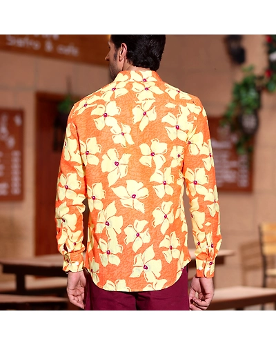 Lilac Tangerine Orange Casual Pure Linen Full Shirt-S-2