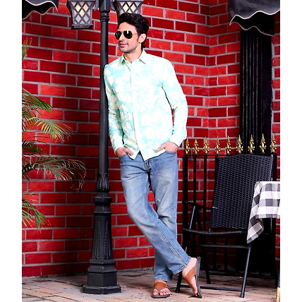 Hibiscus Print Artic Blue Casual Pure Linen Full Shirt-S-1