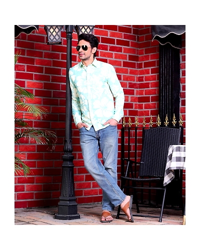 Hibiscus Print Artic Blue Casual Pure Linen Full Shirt-S-1