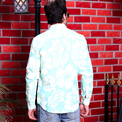 Hibiscus Print Artic Blue Casual Pure Linen Full Shirt-S-2