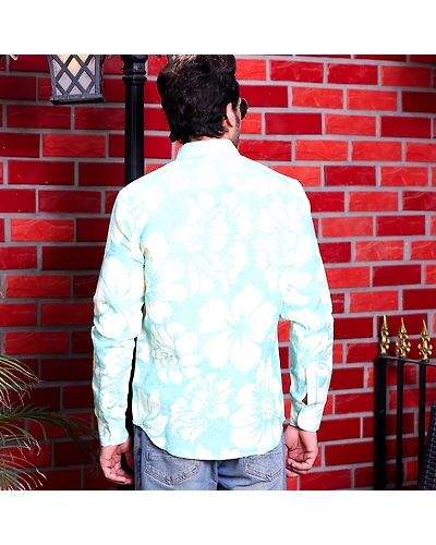 Hibiscus Print Artic Blue Casual Pure Linen Full Shirt-S-2