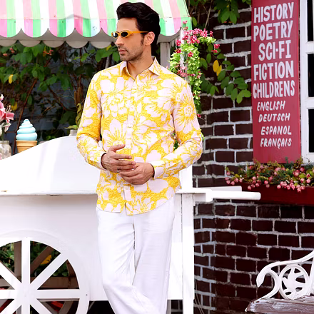 Hibiscus Pineapple Yellow Casual Pure Linen Full shirt-BE1036-S