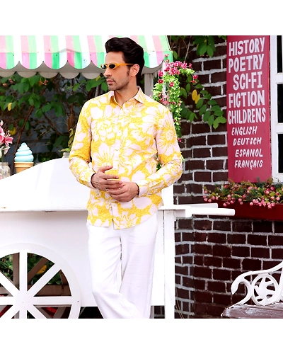 Hibiscus Pineapple Yellow Casual Pure Linen Full shirt-BE1036-S
