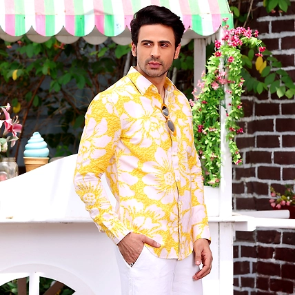 Hibiscus Pineapple Yellow Casual Pure Linen Full shirt-S-1