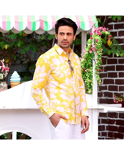Hibiscus Pineapple Yellow Casual Pure Linen Full shirt-S-1