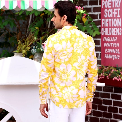 Hibiscus Pineapple Yellow Casual Pure Linen Full shirt-S-2