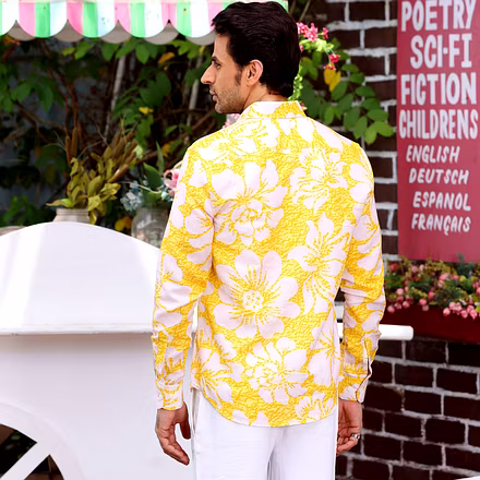 Hibiscus Pineapple Yellow Casual Pure Linen Full shirt-S-2
