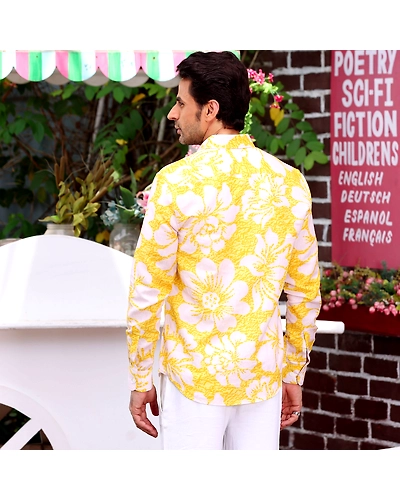 Hibiscus Pineapple Yellow Casual Pure Linen Full shirt-S-2