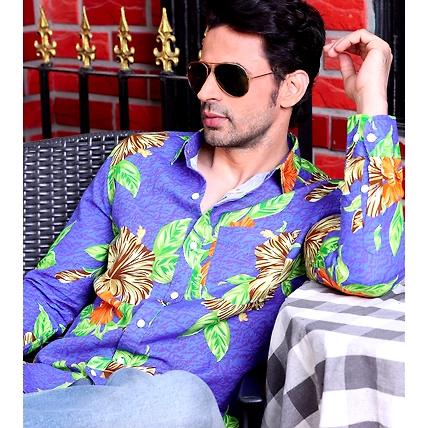Hibiscus Flower Cobalt Blue Casual Pure Linen Full Shirt-BE1025-S