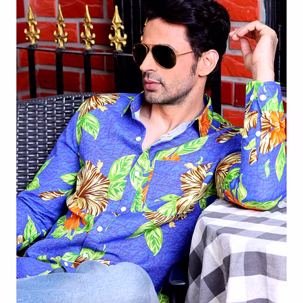 Hibiscus Flower Cobalt Blue Casual Pure Linen Full Shirt-BE1025-S