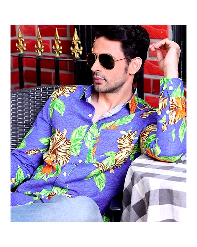 Hibiscus Flower Cobalt Blue Casual Pure Linen Full Shirt-BE1025-S