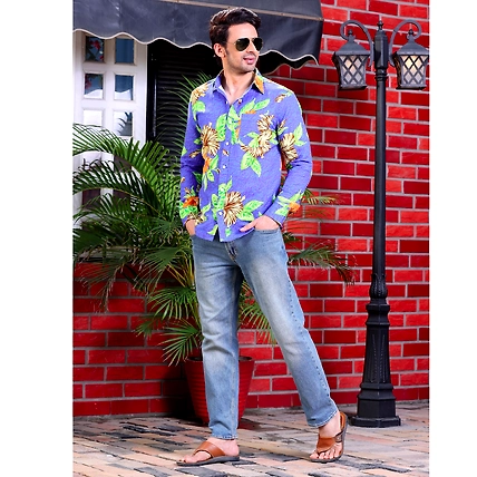 Hibiscus Flower Cobalt Blue Casual Pure Linen Full Shirt-S-1