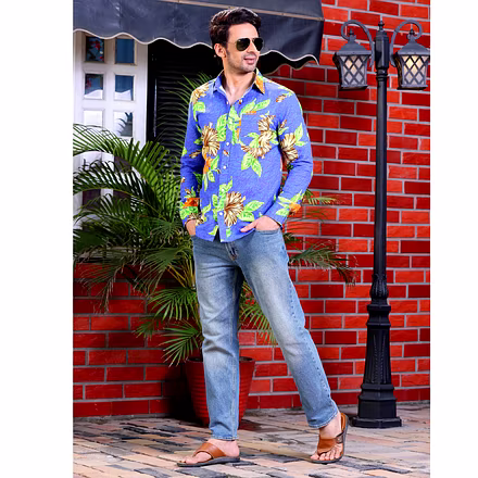Hibiscus Flower Cobalt Blue Casual Pure Linen Full Shirt-S-1