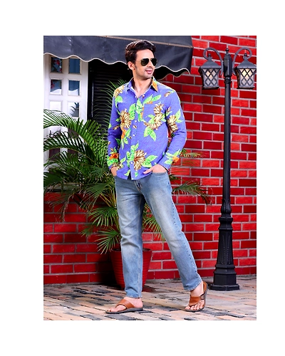 Hibiscus Flower Cobalt Blue Casual Pure Linen Full Shirt-S-1