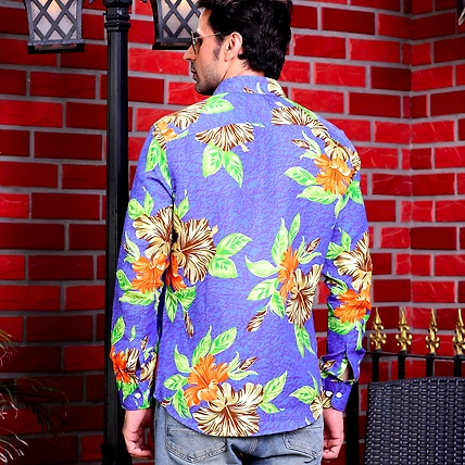 Hibiscus Flower Cobalt Blue Casual Pure Linen Full Shirt-S-2