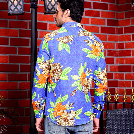 Hibiscus Flower Cobalt Blue Casual Pure Linen Full Shirt-S-2