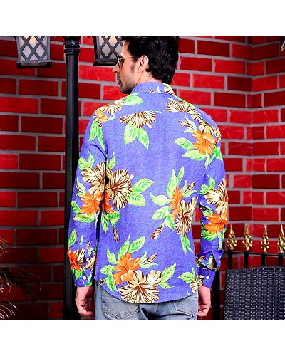 Hibiscus Flower Cobalt Blue Casual Pure Linen Full Shirt-S-2