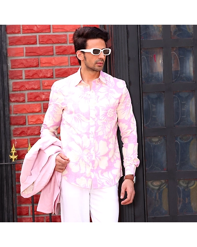 Hibiscus Carnation Pink Casual Pure Linen Full Shirt-BE1035-S