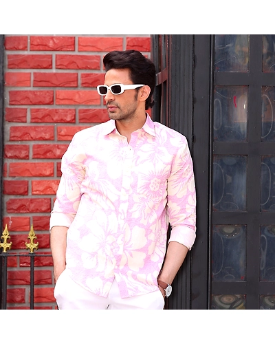 Hibiscus Carnation Pink Casual Pure Linen Full Shirt-S-1