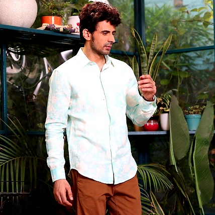 French Marigold Artic Blue Casual Pure Linen Full Shirt-S-1