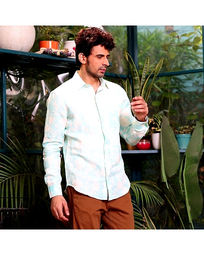 French Marigold Artic Blue Casual Pure Linen Full Shirt-S-1