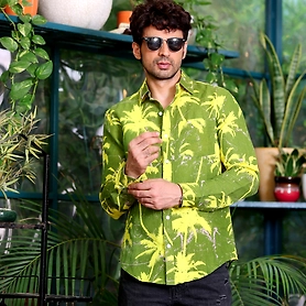 Coconut Tree Dark Lemon Casual Pure Linen Full Shirt
