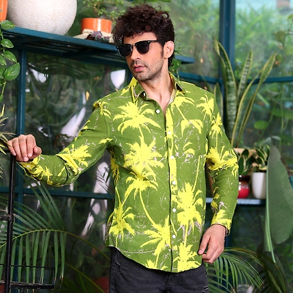 Coconut Tree Dark Lemon Casual Pure Linen Full Shirt-S-1