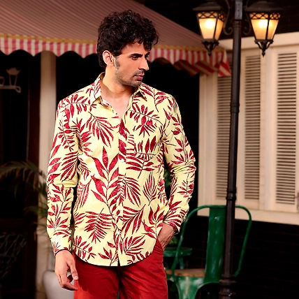 Tropical Maroon Leaves Banana Yellow Casual Pure Linen Full Shirt-BE1070-S